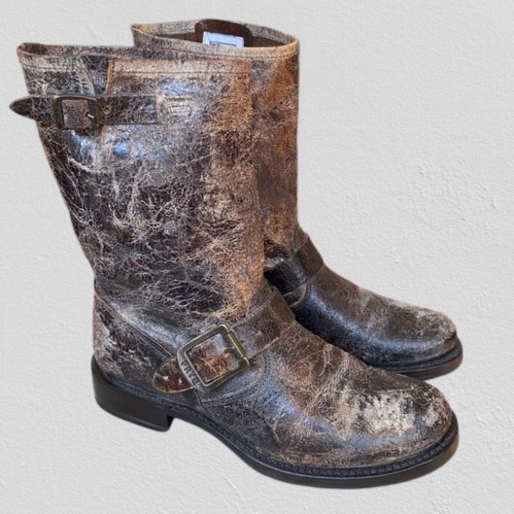 Frye Veronica Distressed Ankle Cowboy Western Boots Buckle Brown Women's 6.5D